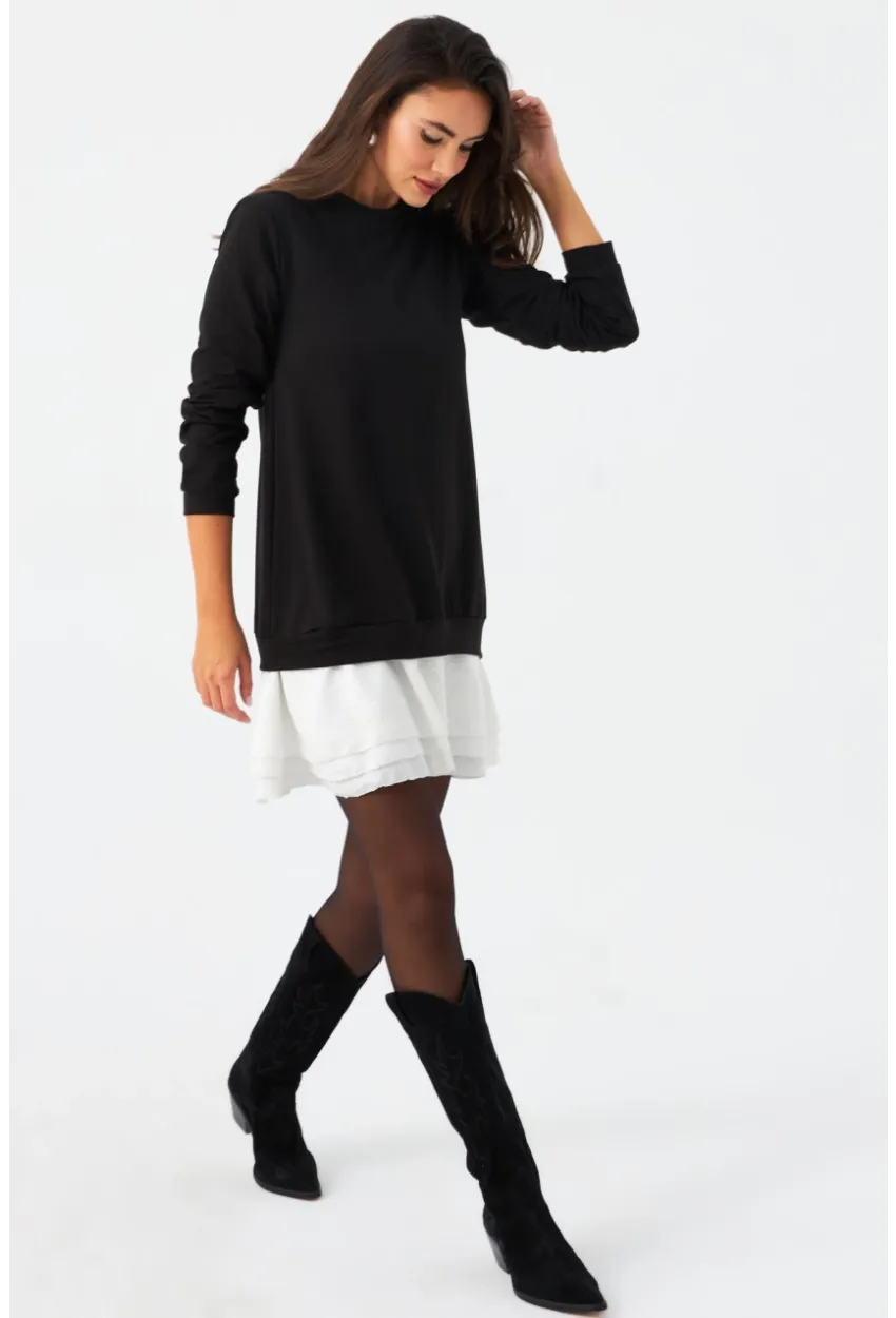 Kadın Siyah-Beyaz Leopar  Desenli Sweat Elbise B16