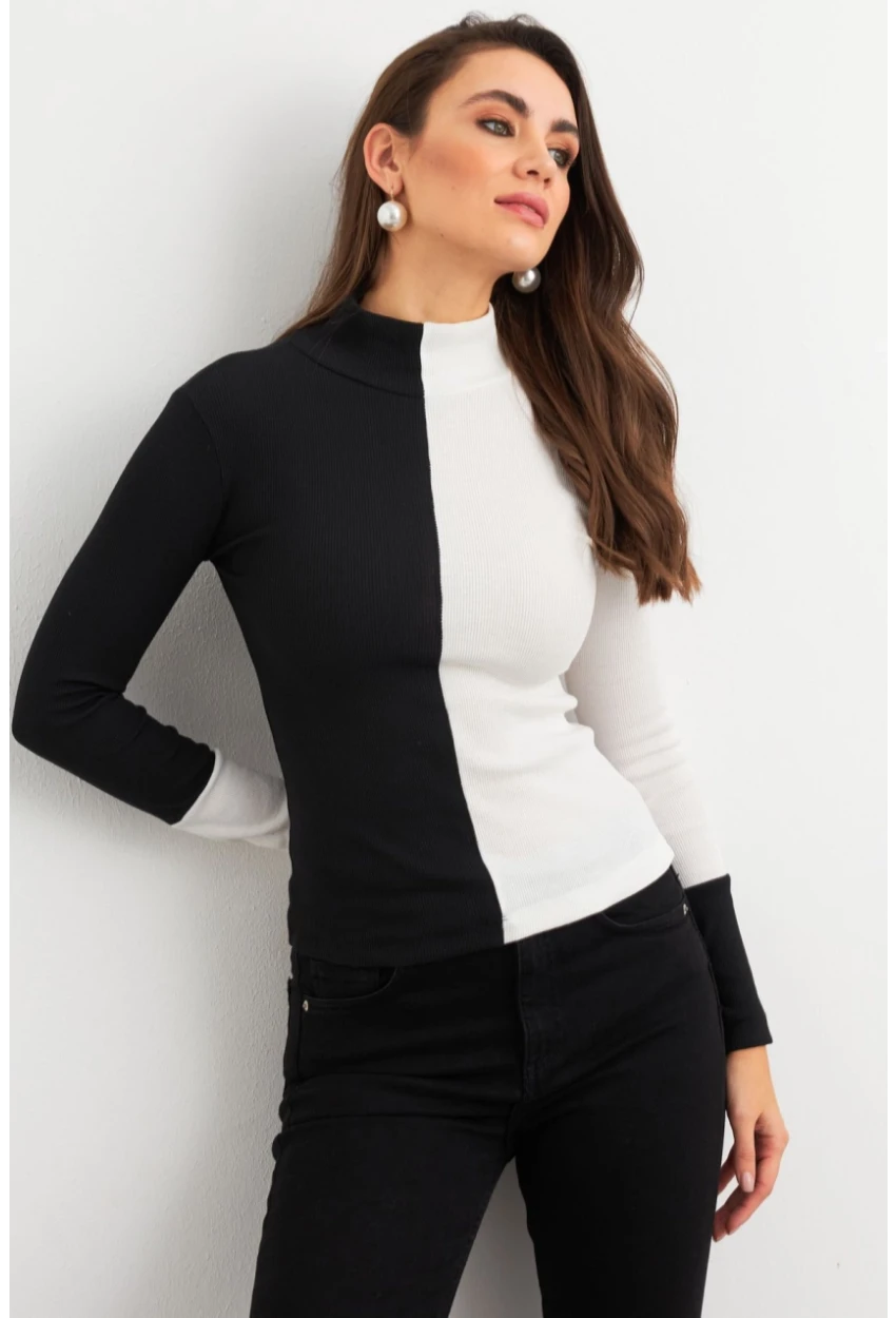 Kadın Siyah-Beyaz Renk Bloklu Kaşkorse Bluz EY3033