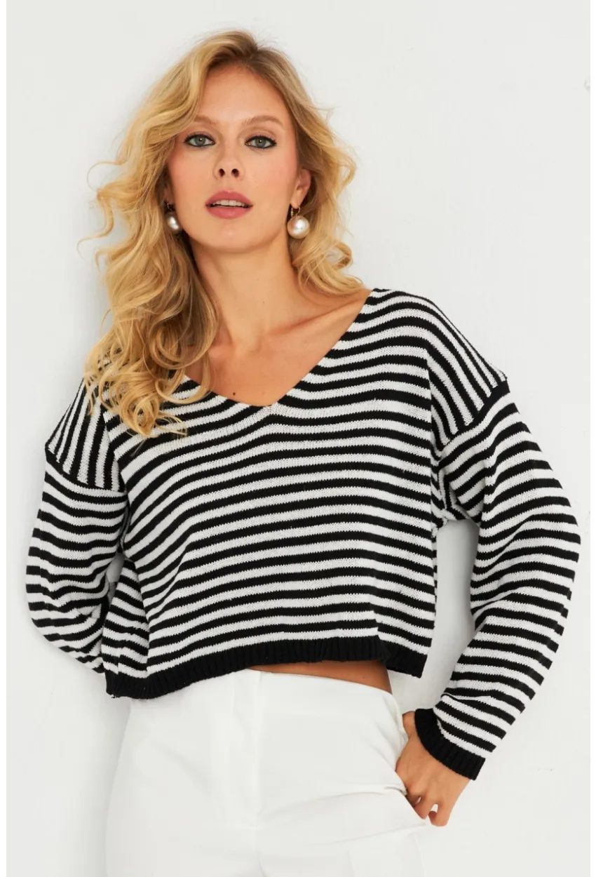Kadın Siyah-Beyaz V Yaka Çizgili Bluz YV280