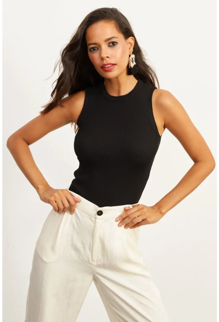 Kadın Siyah Bisiklet Yaka Triko Bluz YV91