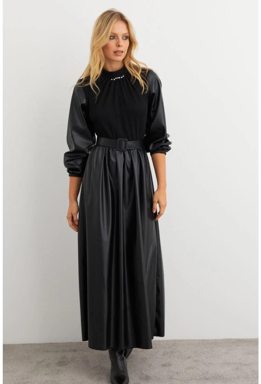 Kadın Siyah Bloklu Taşlı Elbise MALZ101