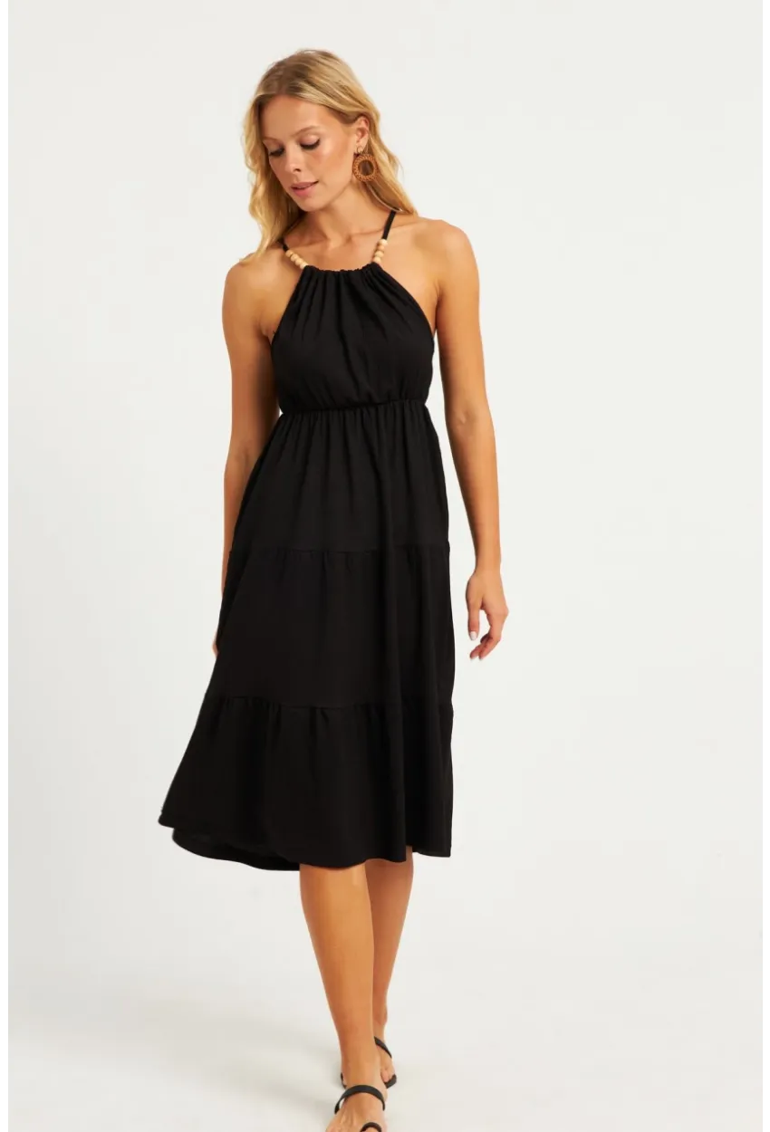 Kadın Siyah Boncuk Detaylı Bürümcük Midi Elbise HO52