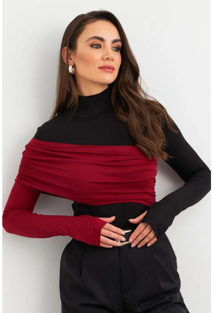 Kadın Siyah-Bordo Bloklu Bluz EY3018