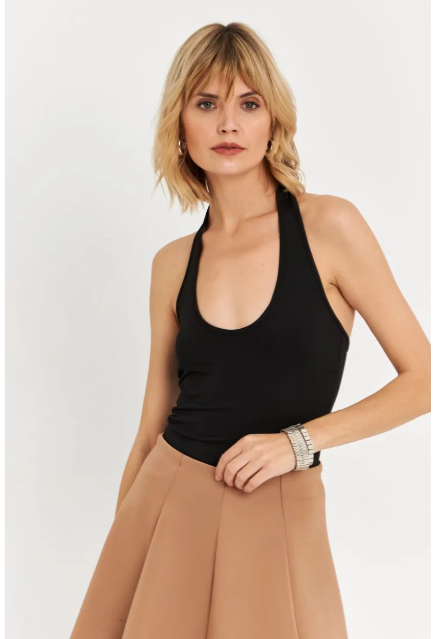 Kadın Siyah Boyun Askılı Crop Bluz TF69