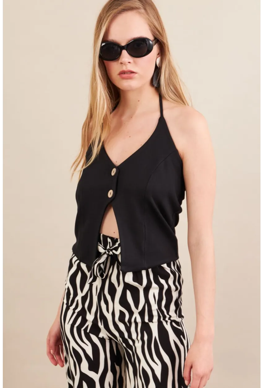 Kadın Siyah Boyun Bağlamalı Düğmeli Yelek FLU7304