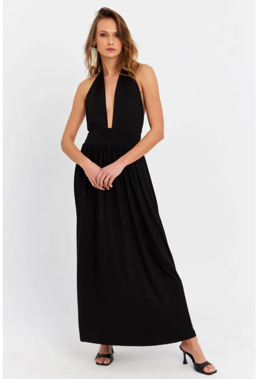 Kadın Siyah Boyun Bağlamalı Maxi Elbise EY3075
