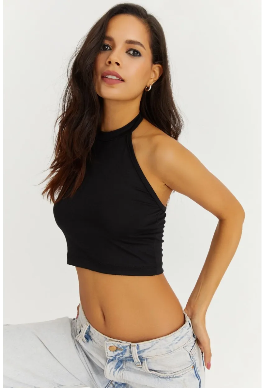 Kadın Siyah Boyundan Bağlamalı Crop Bluz EY1480