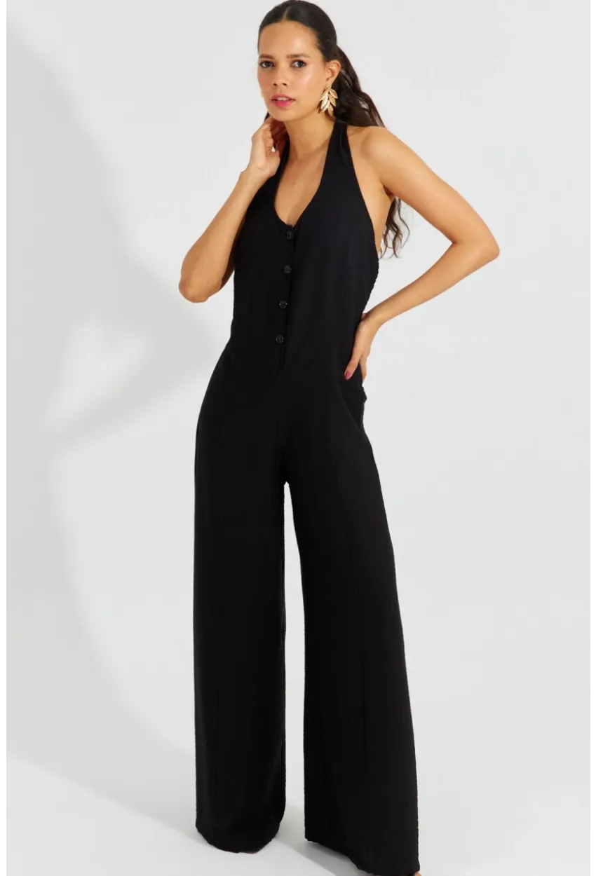 Kadın Siyah Boyundan Bağlamalı Gipeli Salaş Tulum BK1660