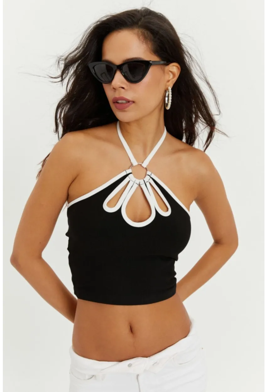 Kadın Siyah Boyundan Bağlamalı Halkalı Crop Bluz B1809