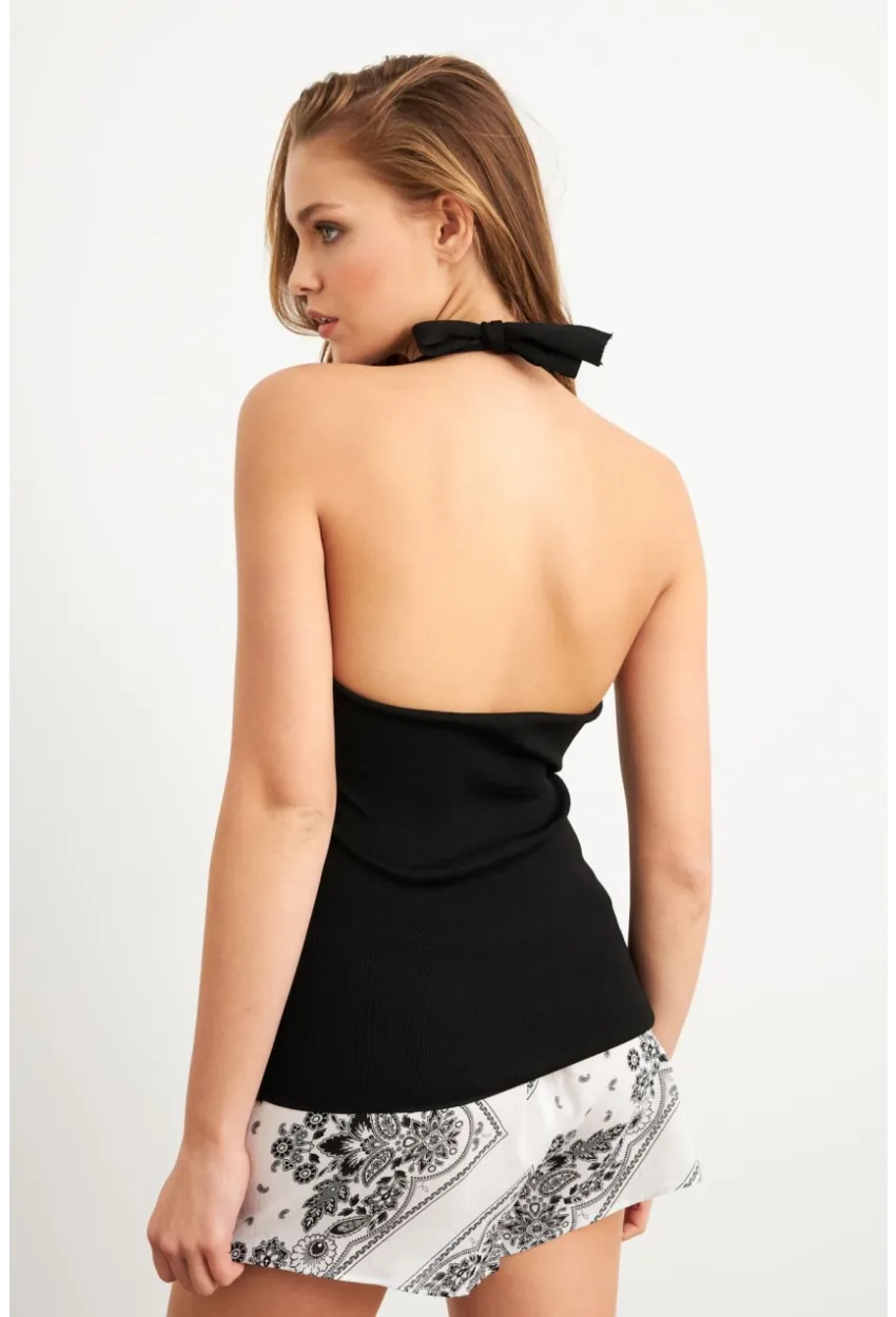 Kadın Siyah Boyundan Bağlamalı Triko Bluz YV356