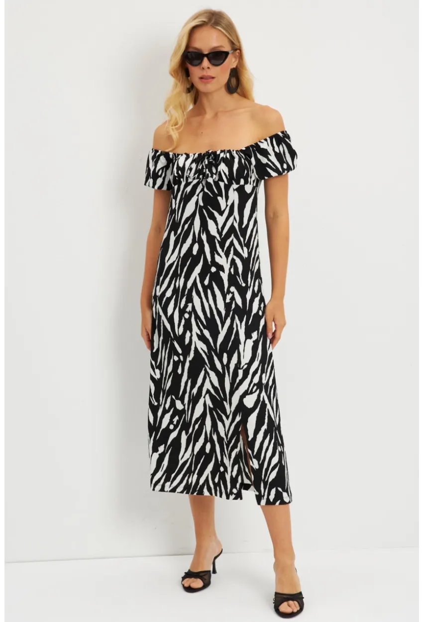 Kadın Siyah Bürümcük Büzgülü Midi Elbise DY105