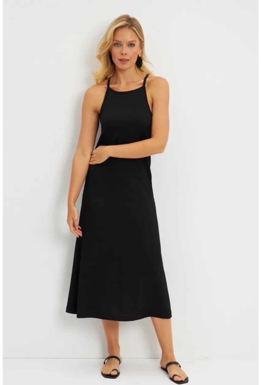 Kadın Siyah Bürümcük Halter Yaka Midi Elbise DMR166