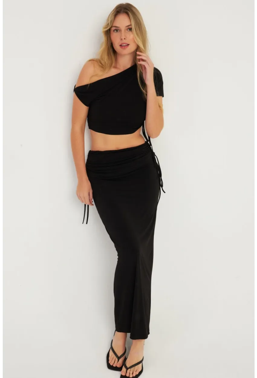 Kadın Siyah Büzgülü Alt Üst  Etek Takım YEL88