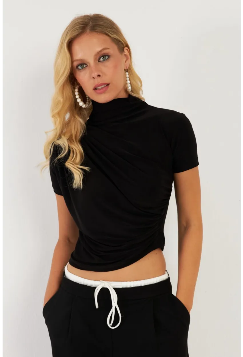 Kadın Siyah Büzgülü Bluz LPP1287