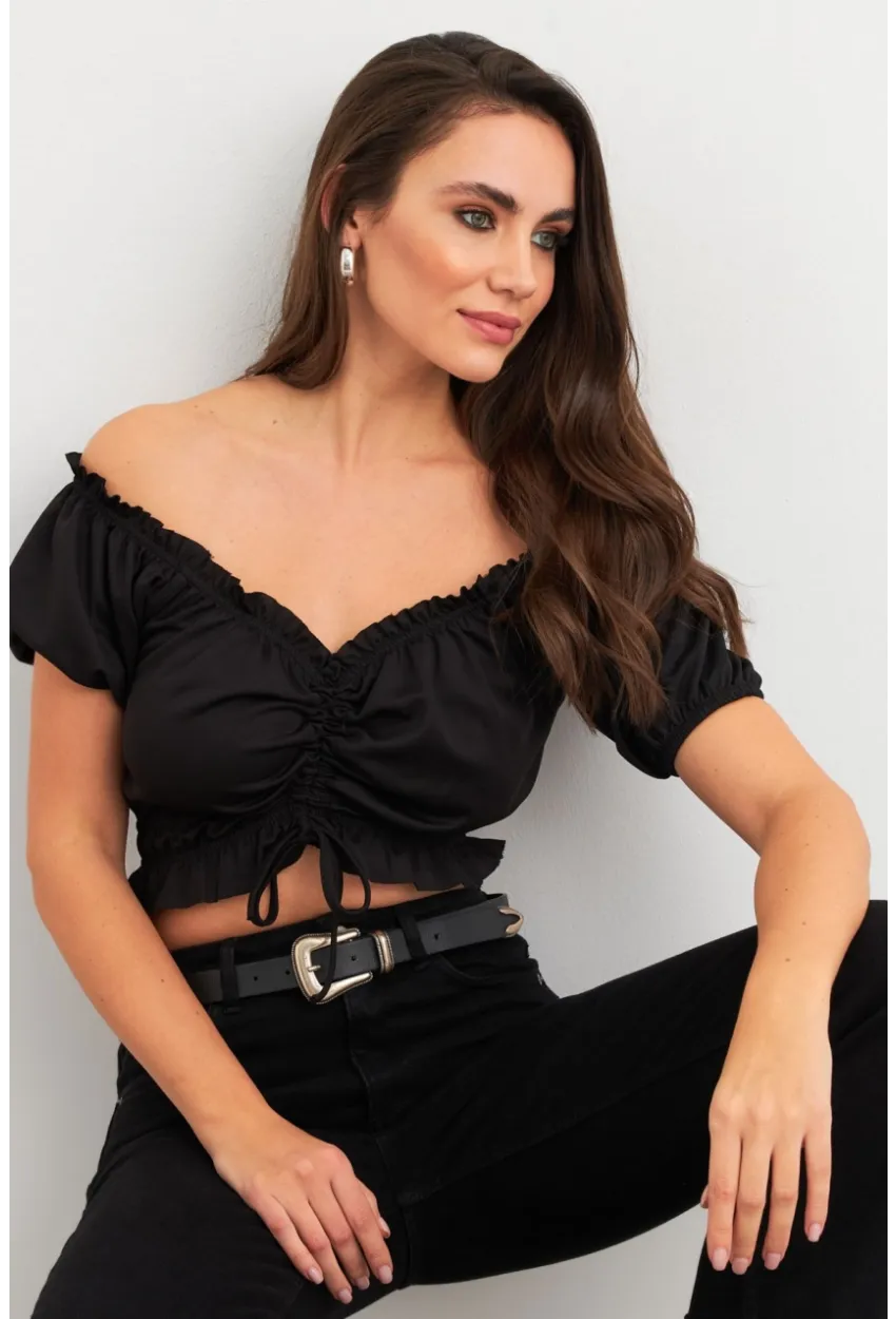 Kadın Siyah Büzgülü Crop Bluz ELT1680
