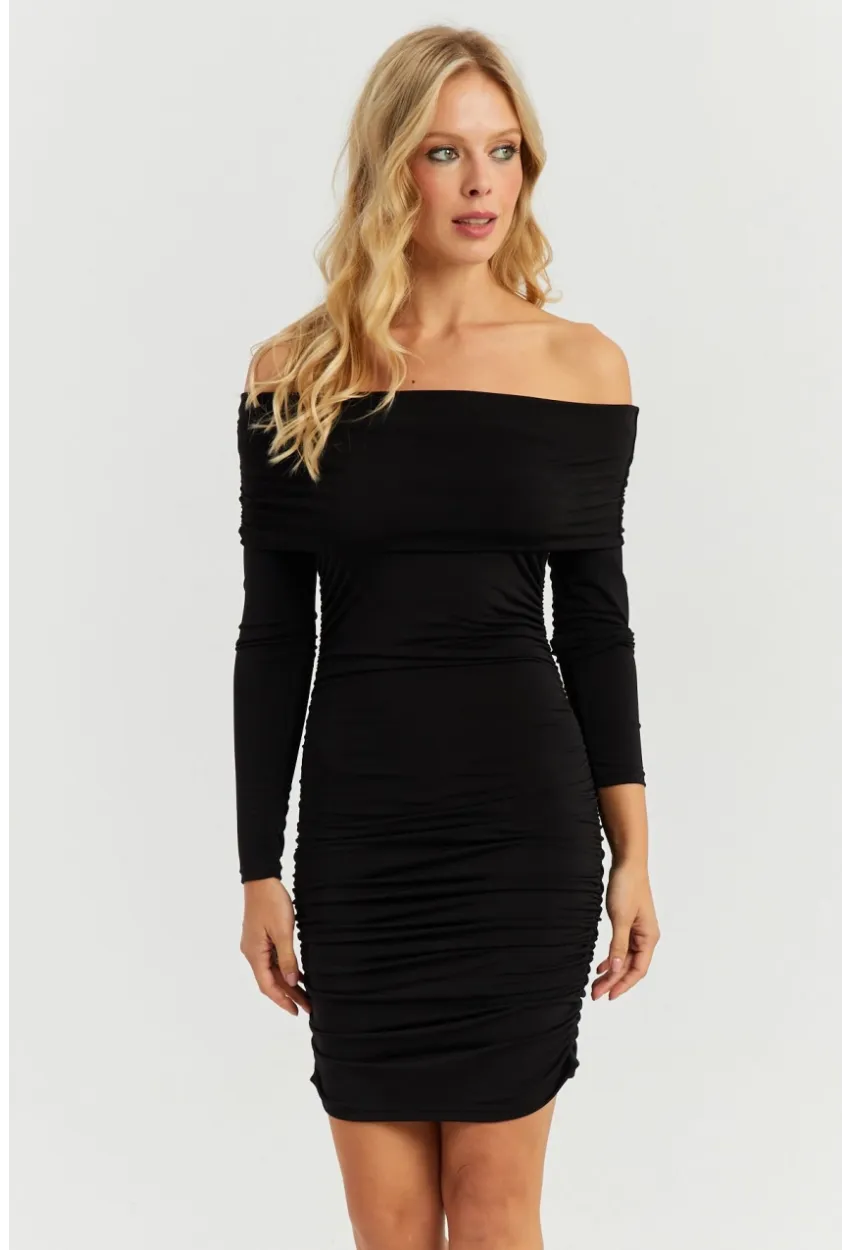 Kadın Siyah Büzgülü Madonna Mini Elbise MON1118