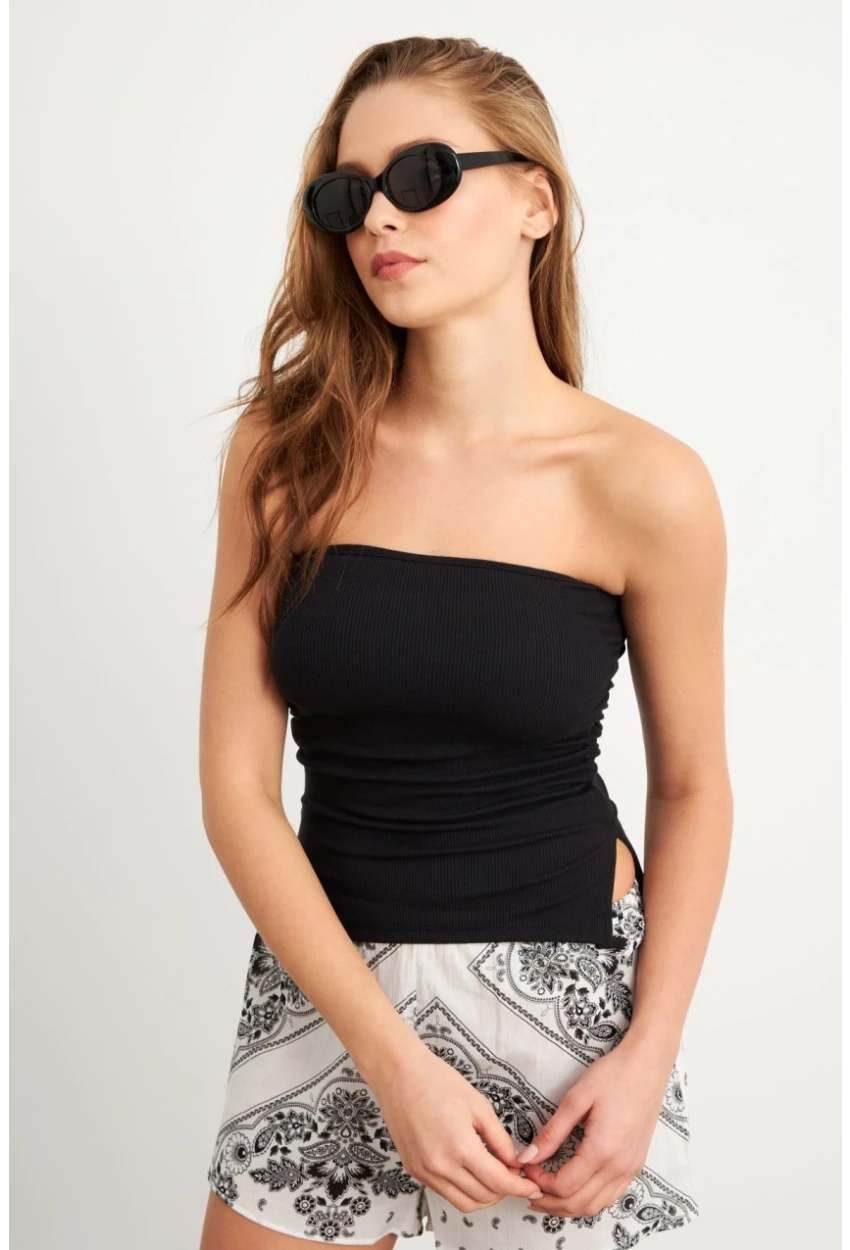 Kadın Siyah Büzgülü Straplez Bluz LPP1308