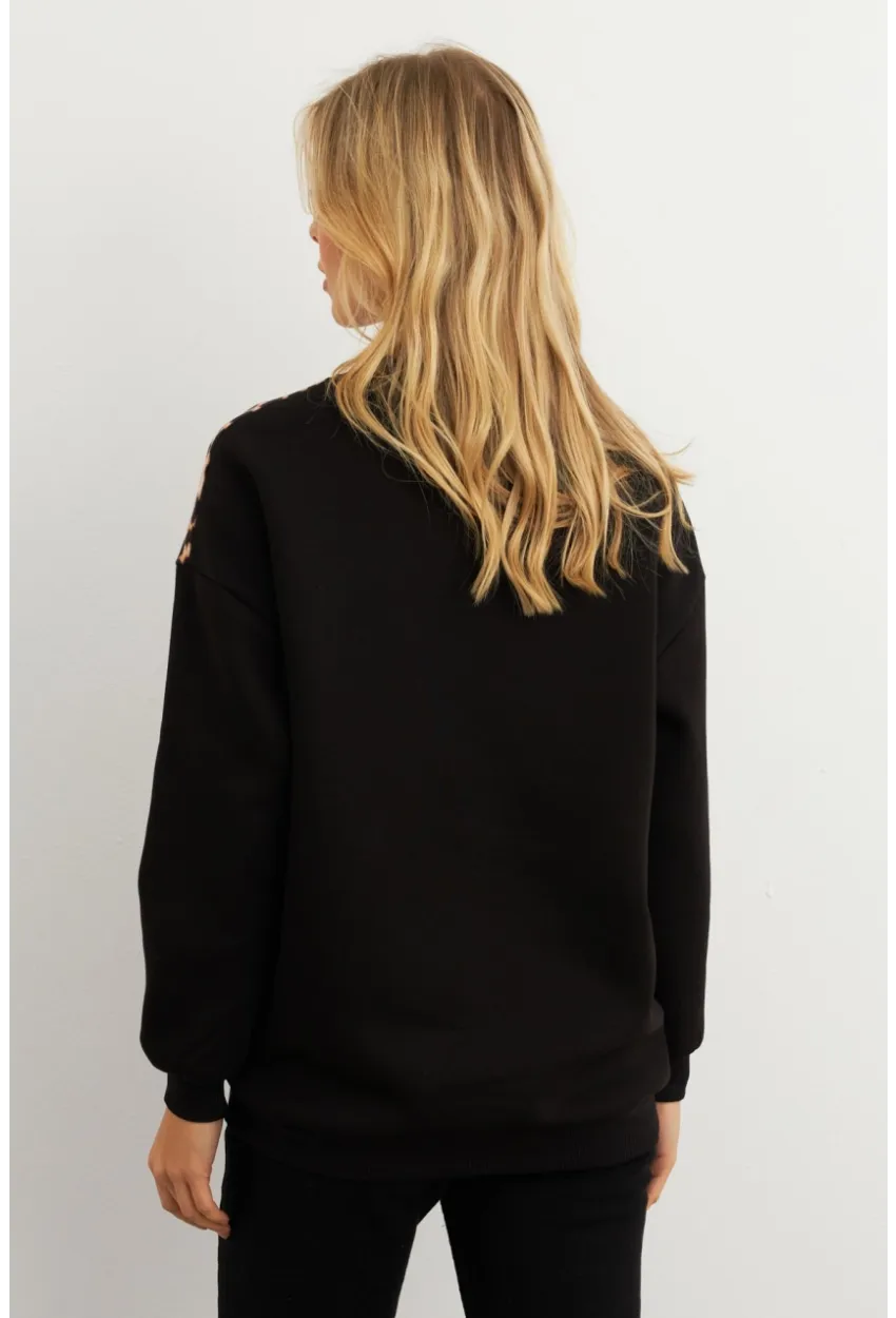 Kadın Siyah-Camel Bloklu Sweatshirt MST098
