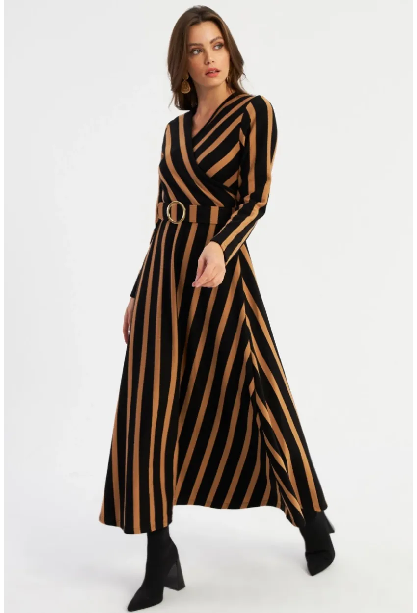 Kadın Siyah-Camel Kruveze Kemerli Maxi Elbise VTN4