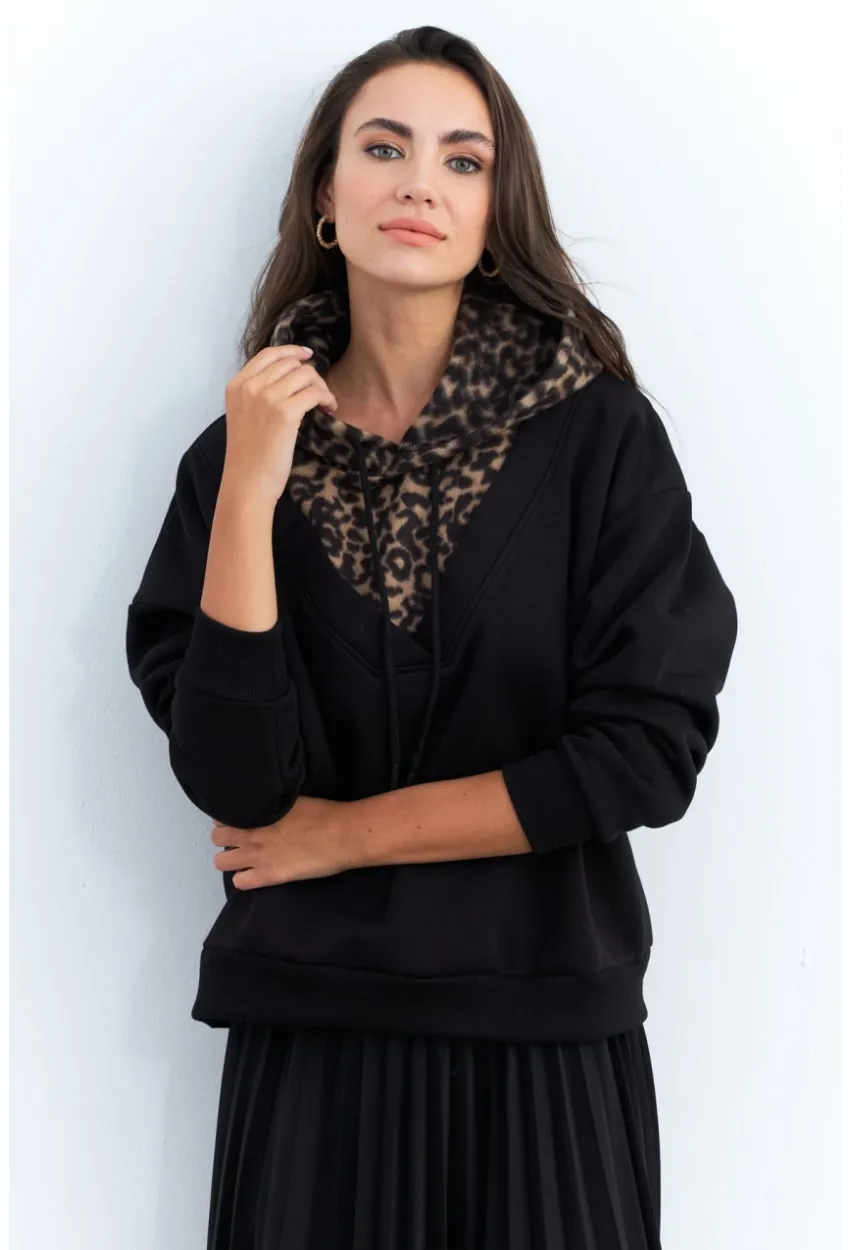 Kadın Siyah-Camel Leopar Bloklu Sweatshirt PP6415