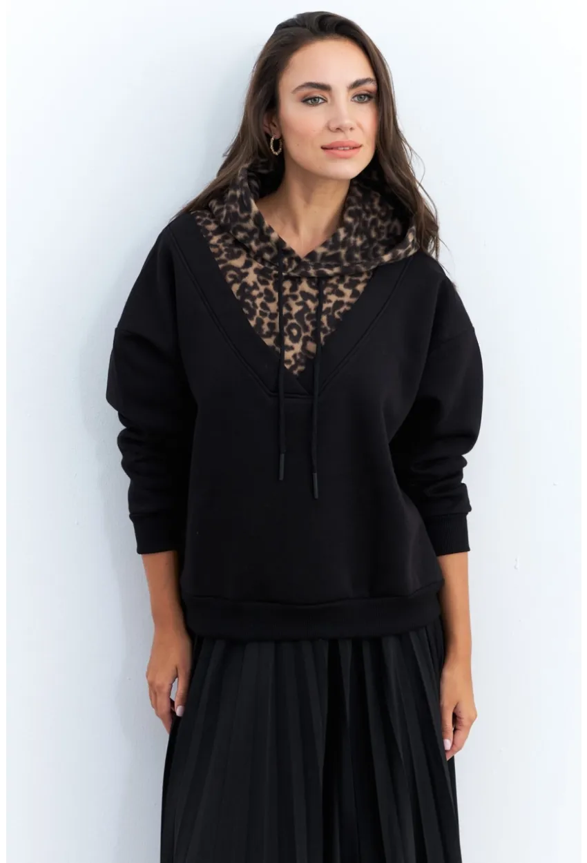 Kadın Siyah-Camel Leopar Bloklu Sweatshirt PP6415