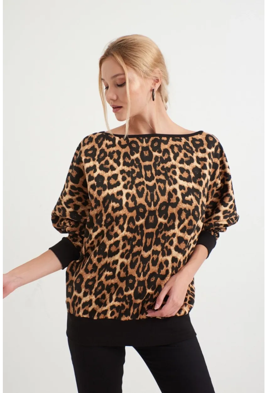 Kadın Siyah -Camel Leopar Desenli Sırtı Açık Yarasa Kol Sweatshirt B161