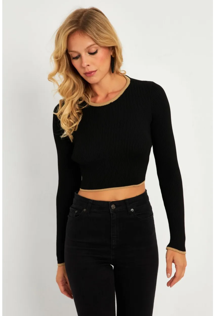 Kadın Siyah-Camel Sırtı Açık Bluz YV270