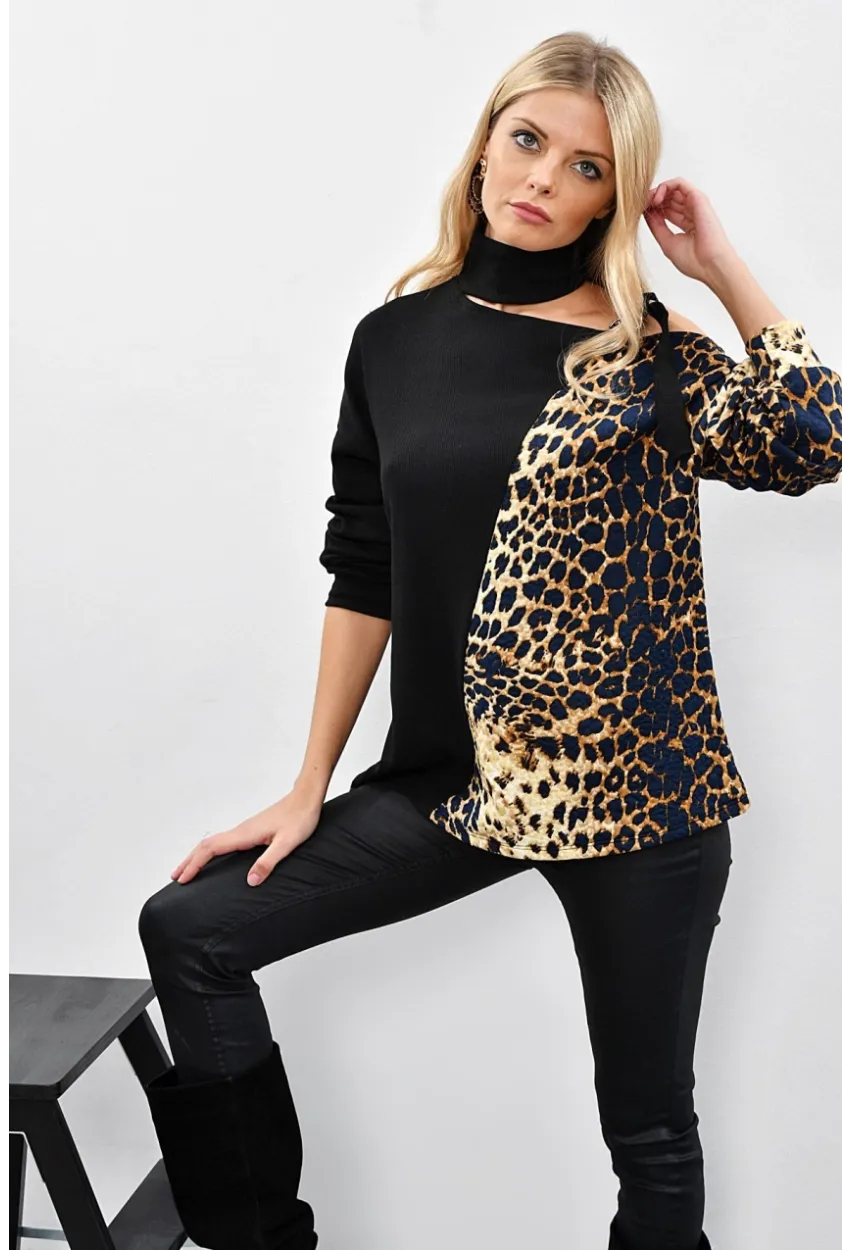 Kadın Siyah-Camel Tek Omuzu Açık Kontrast Sweatshirt Yİ1683