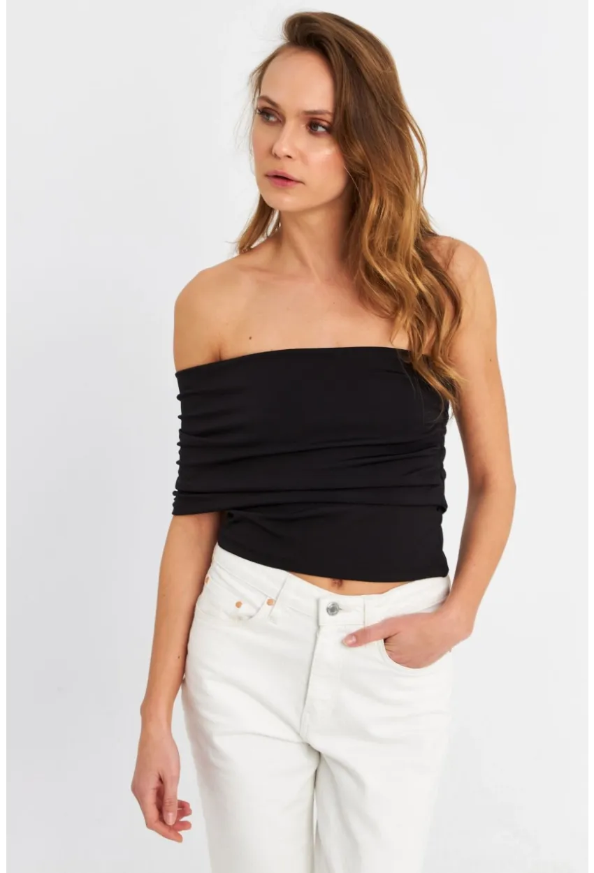 Kadın Siyah Çapraz Crop Bluz B4074-90
