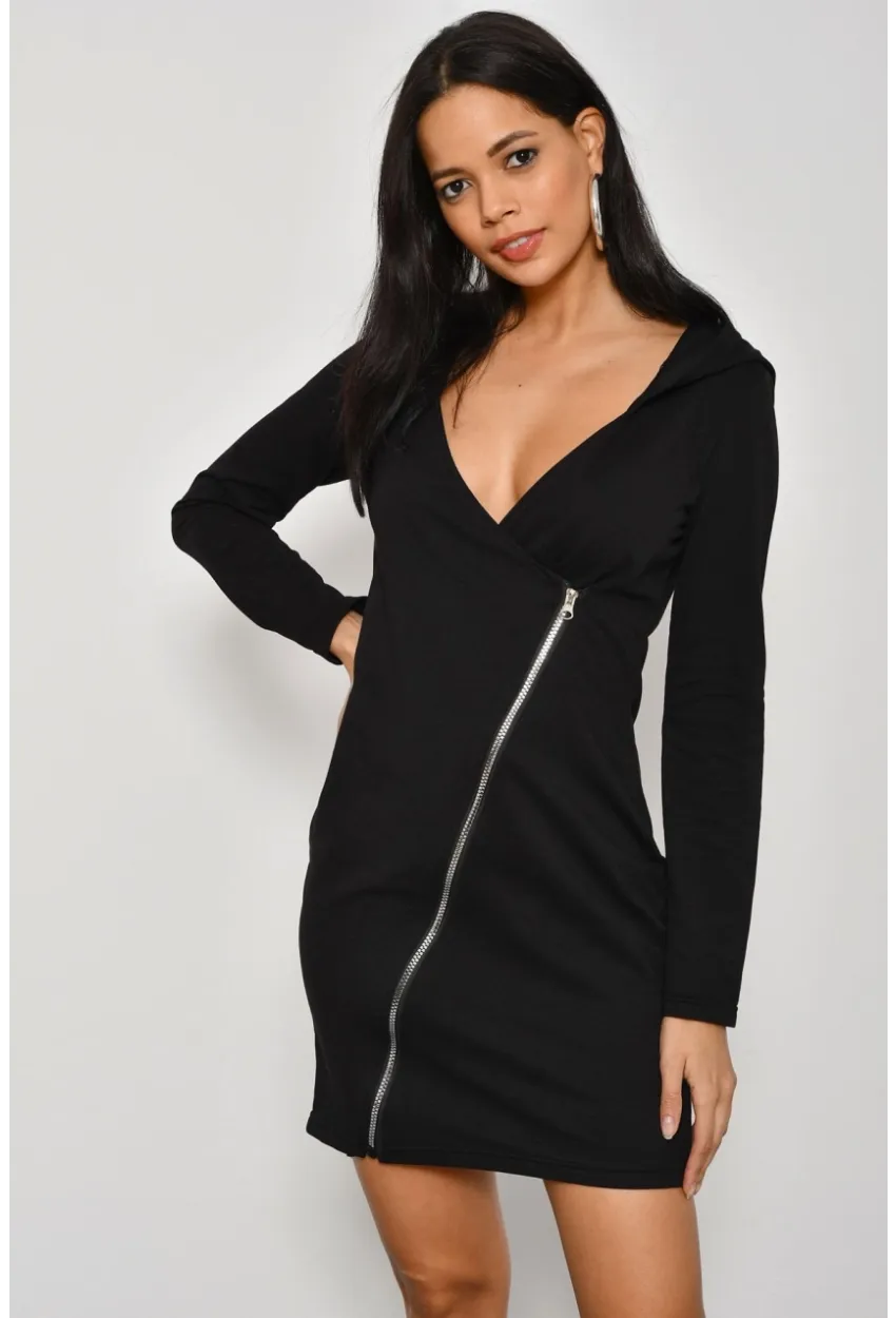 Kadın Siyah Çapraz Fermuarlı Kapüşonlu Sweat Elbise B61