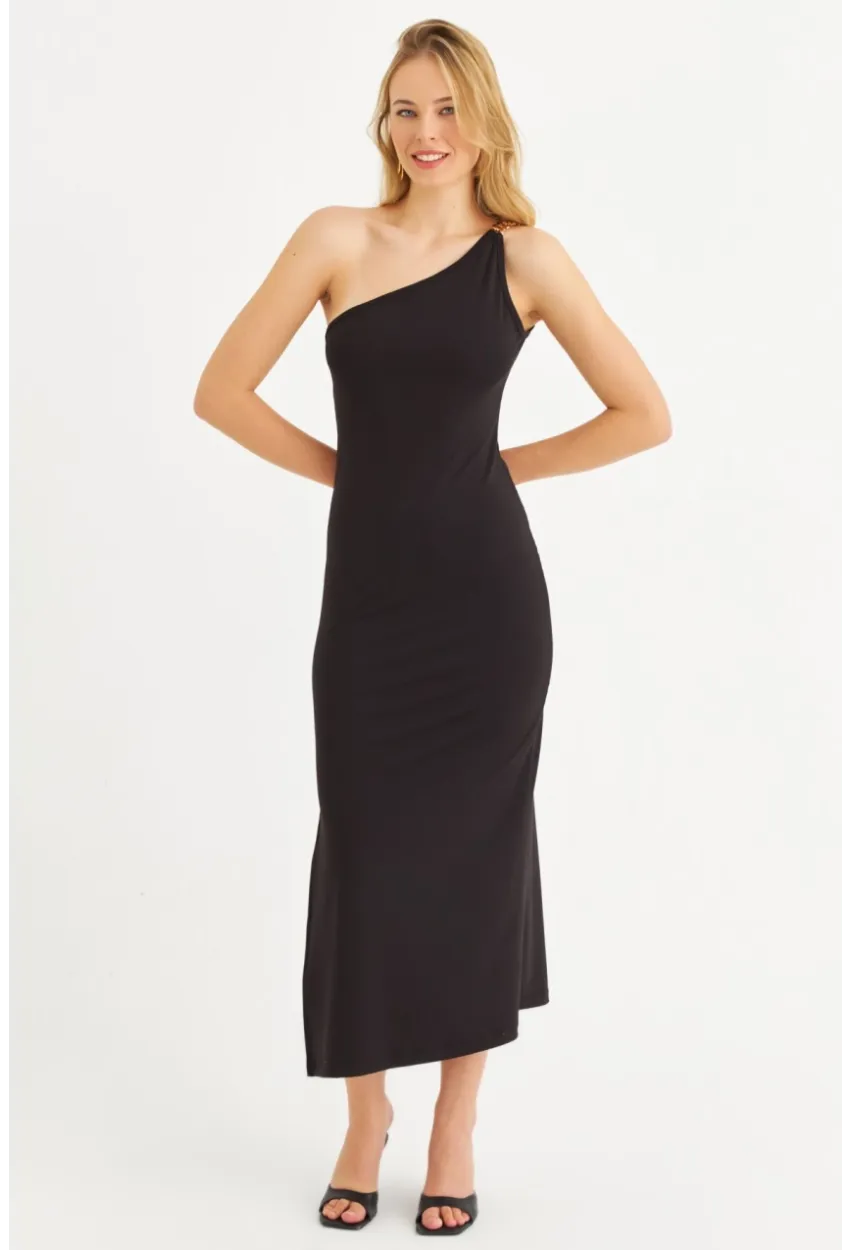 Kadın Siyah Çapraz Yaka Aksesuarlı Midi Elbise EY3088