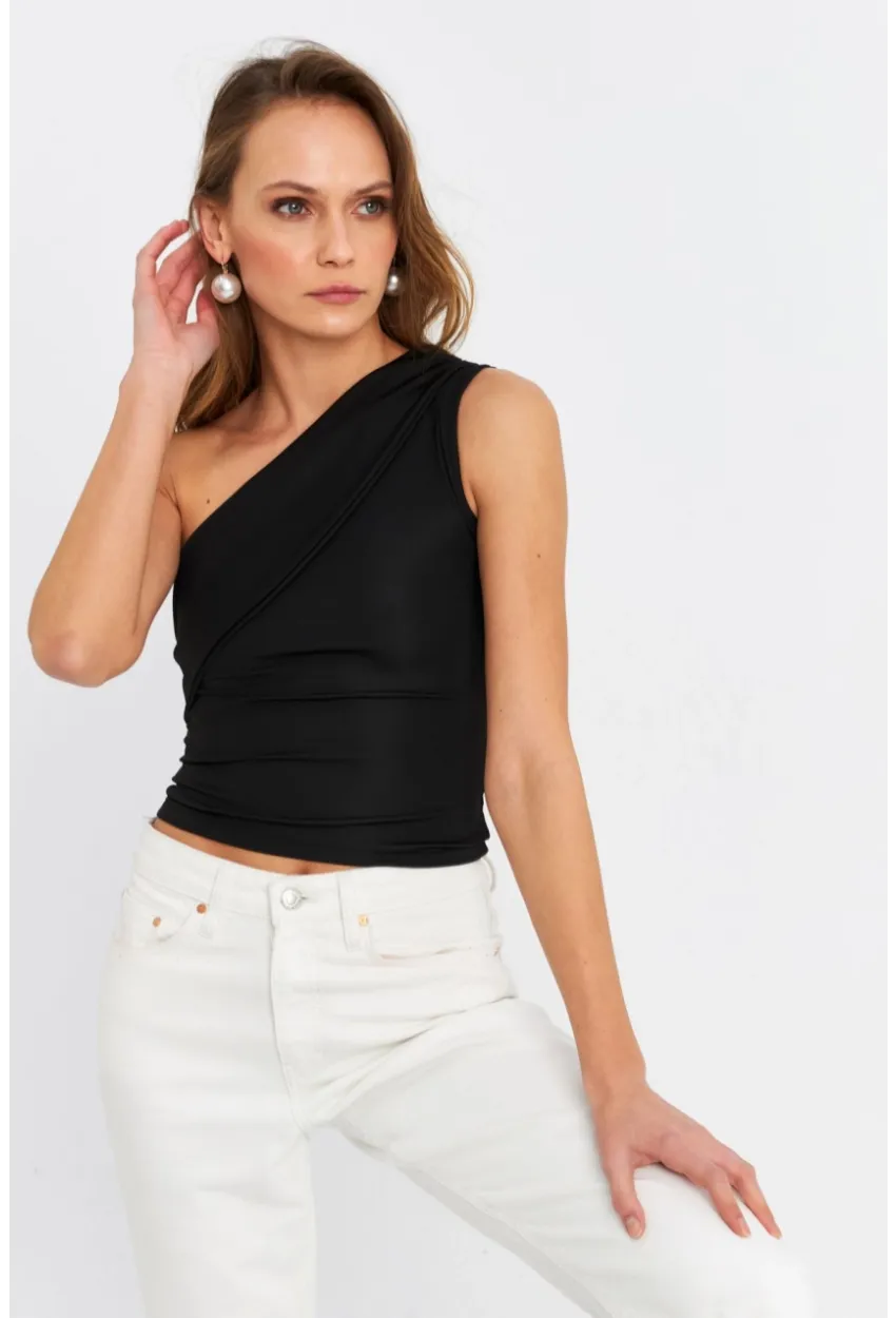 Kadın Siyah Çapraz Yaka Crop Bluz B6082