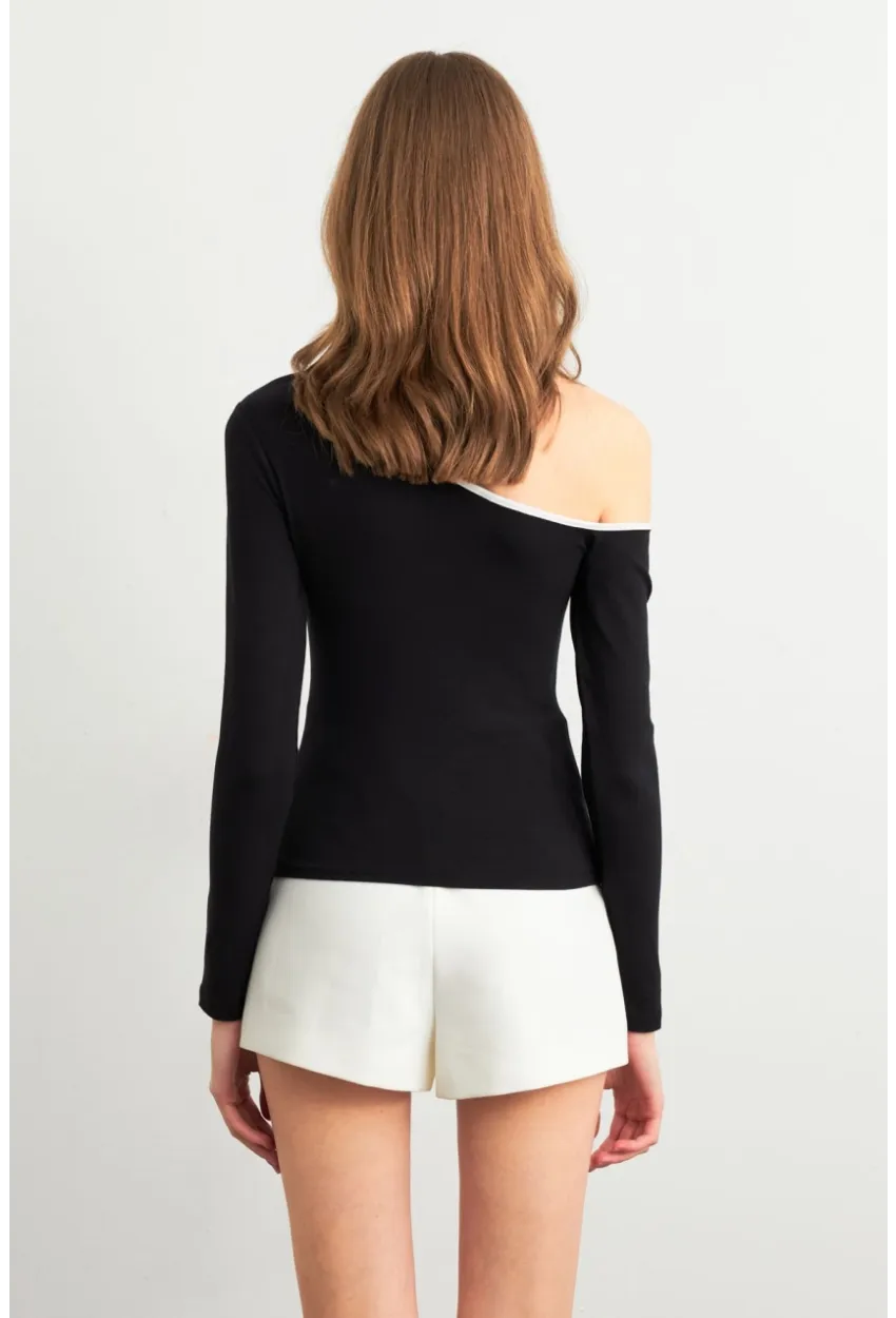 Kadın Siyah Çapraz Yaka Crop Bluz HOR0060