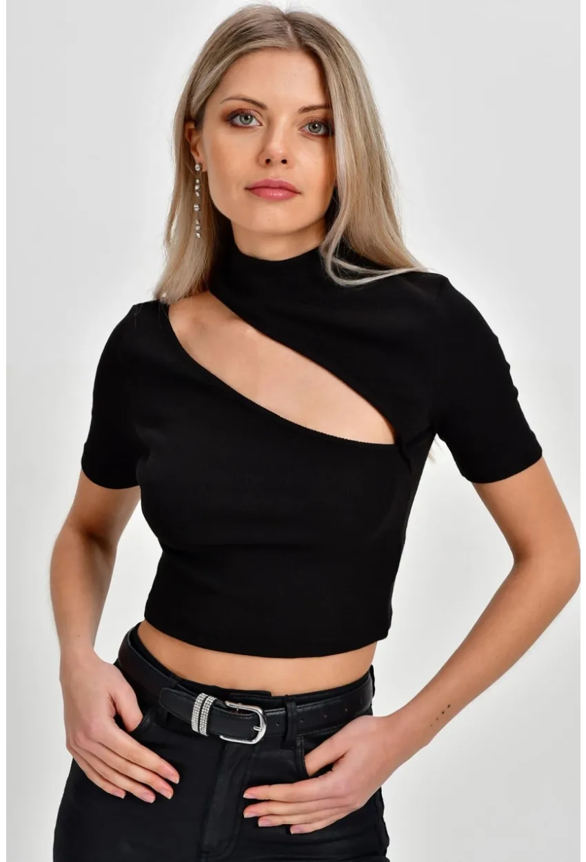 Kadın Siyah Çapraz Yaka Kaşkorse Kısa Bluz B74