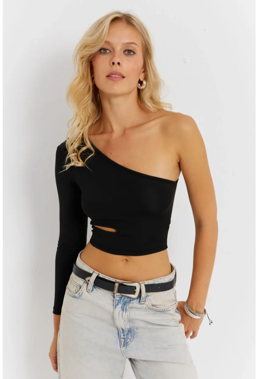 Kadın Siyah Çapraz Yaka Pencerli Crop Bluz CG366