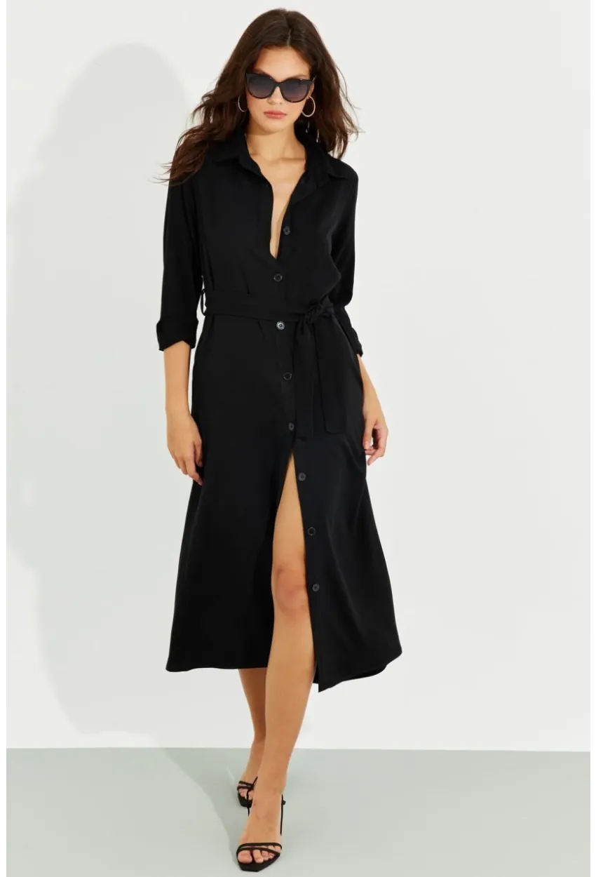Kadın Siyah Cepli Gömlek Midi Elbise BK1683