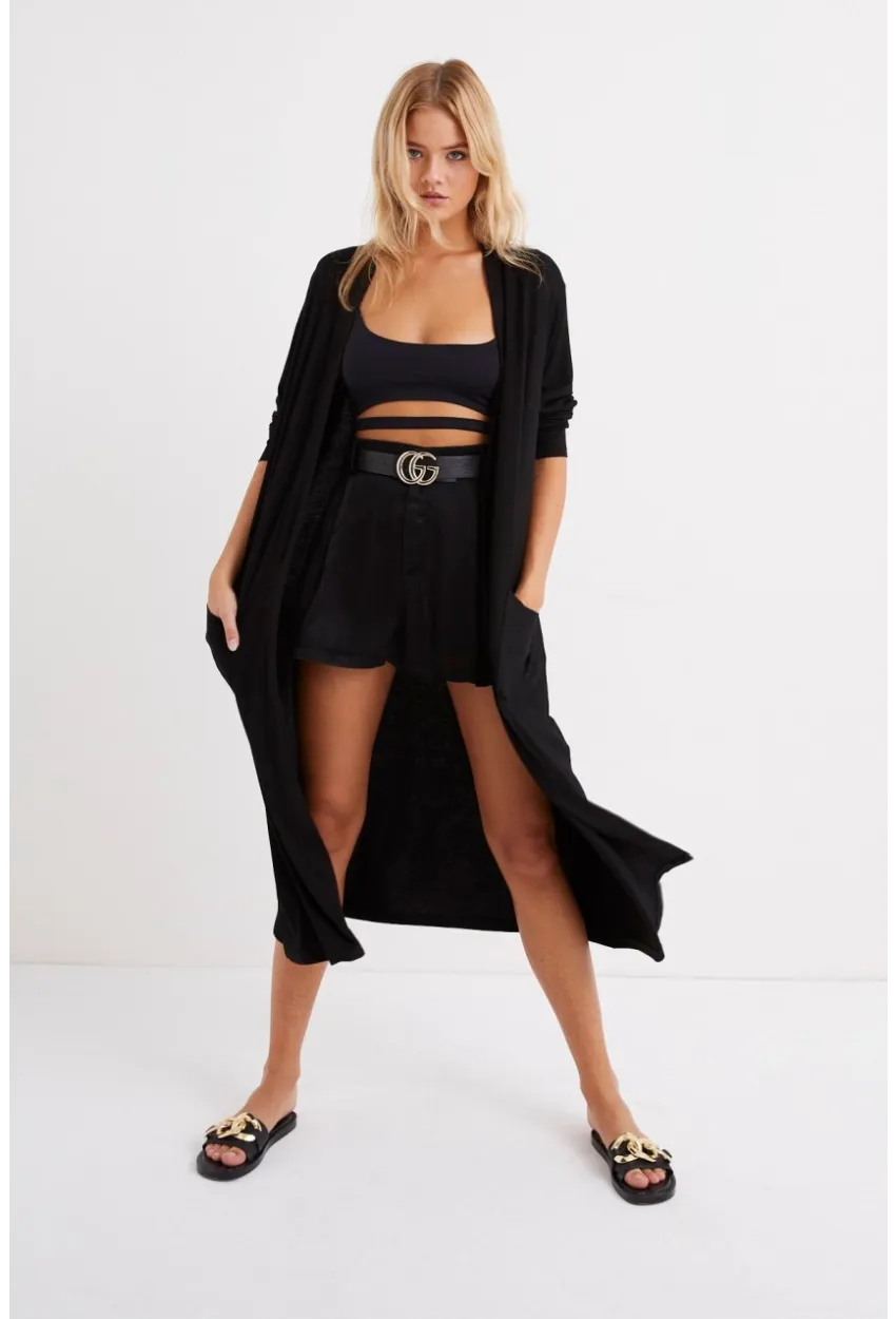 Kadın Siyah Cepli Maxi Hırka LV148