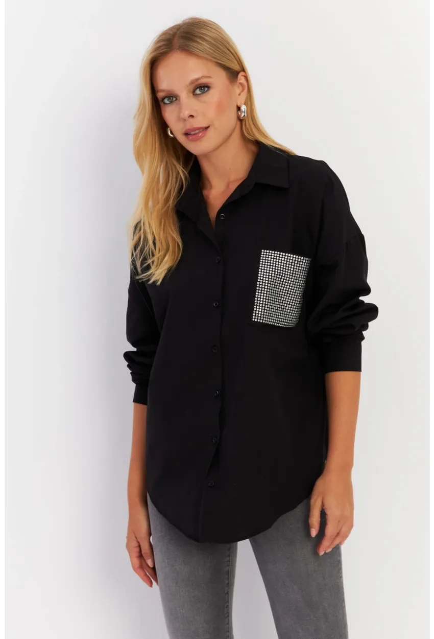 Kadın Siyah Cepli Taşlı Gömlek MZER414