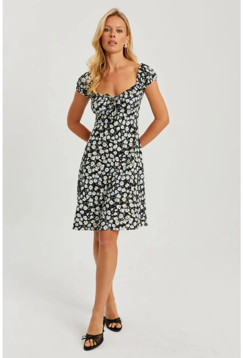 Kadın Siyah Çiçekli Mini Elbise GÇ165