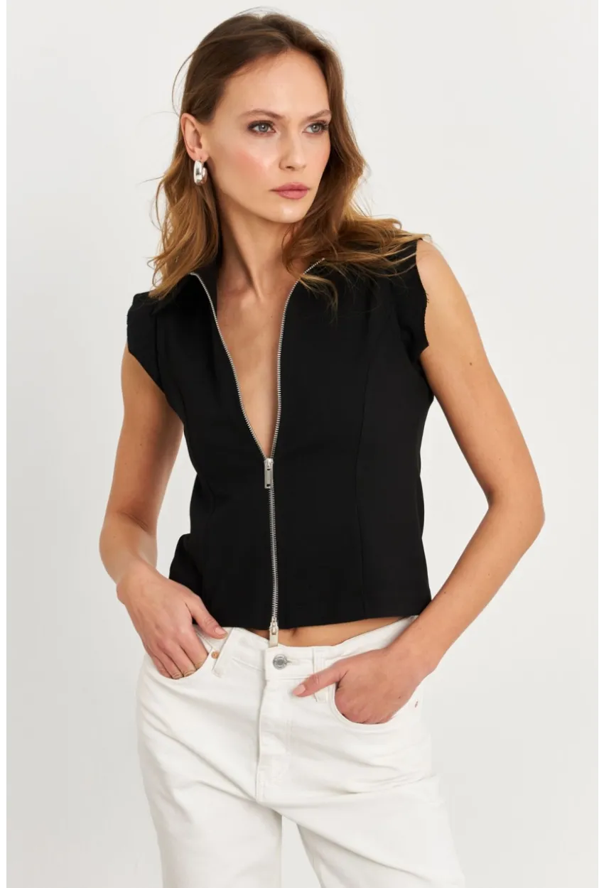 Kadın Siyah Çift Fermuarlı Bluz MOD2352