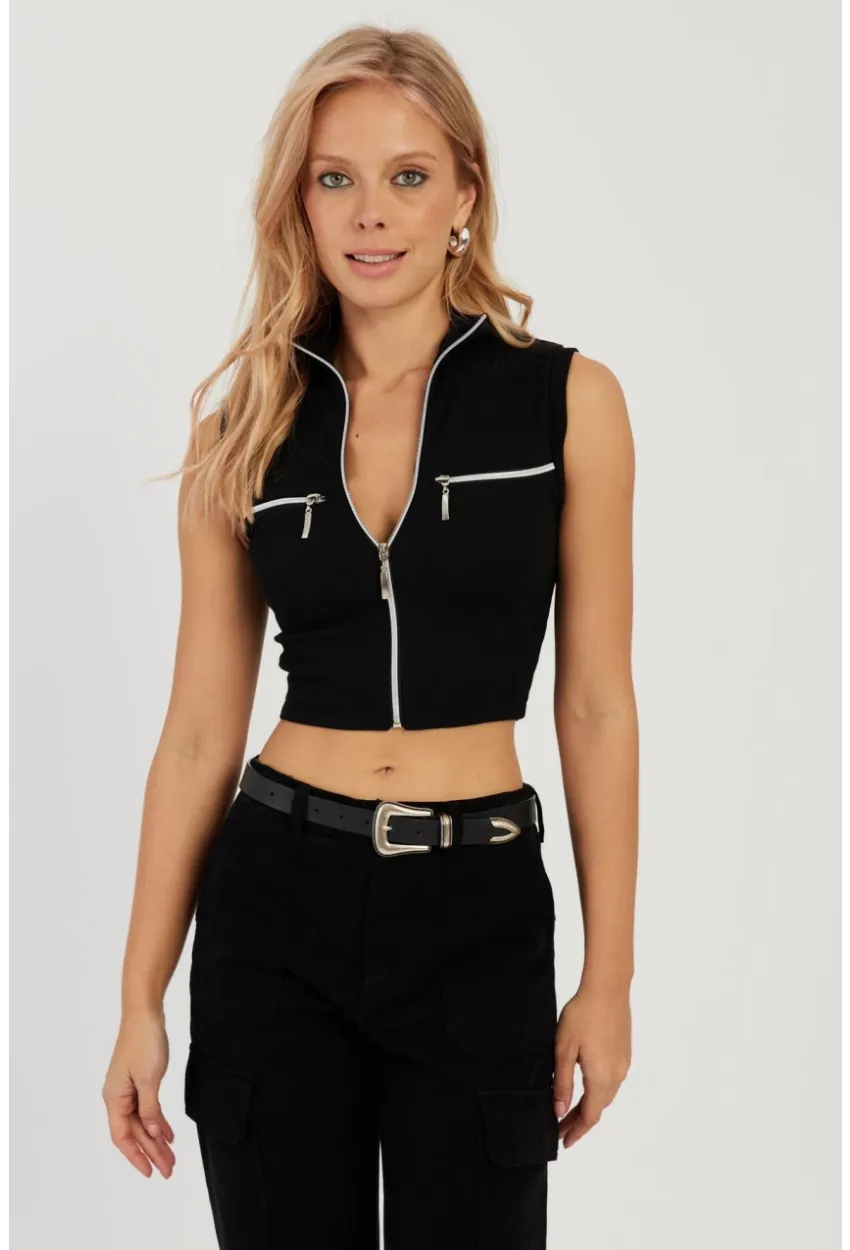 Kadın Siyah Çift Fermuarlı Kaşkorse Bluz EY2735