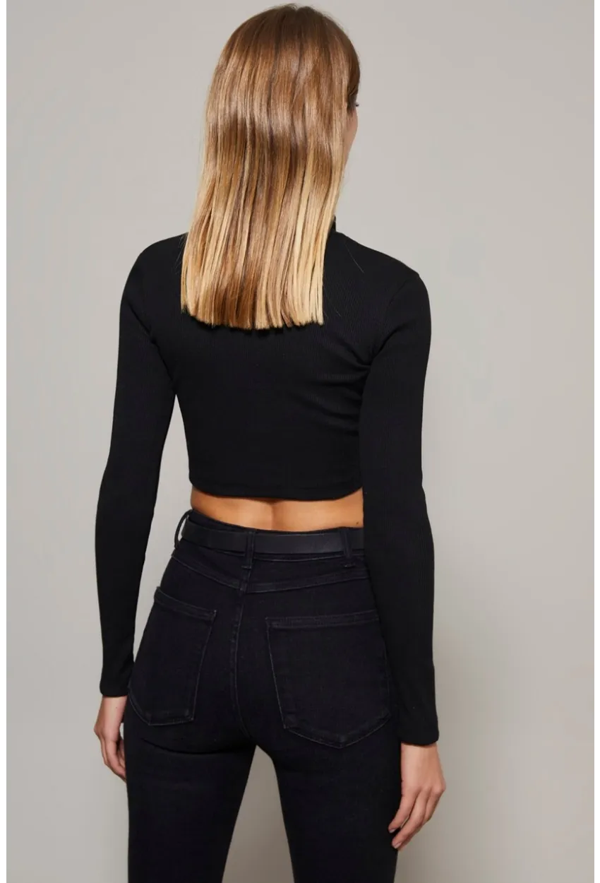 Kadın Siyah Çift Fermuarlı Kısa Bluz B1480