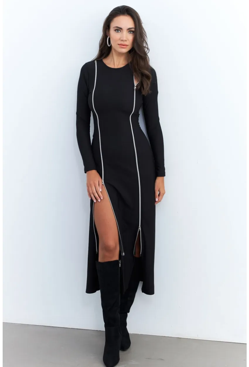 Kadın Siyah Çift Fermuarlı Maxi Elbise ELT4039