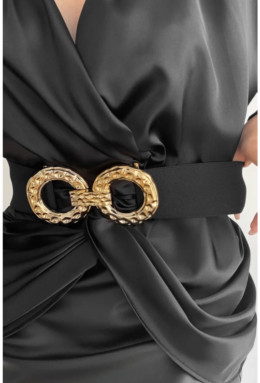 Kadın Siyah Çift Tokalı Lastik Kemer BE621