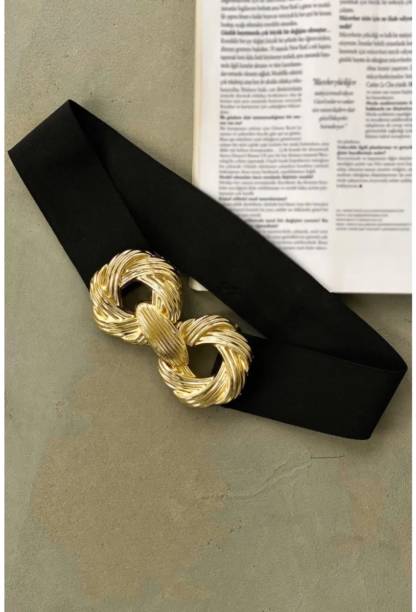 Kadın Siyah Çift Tokalı Lastik Kemer BE622