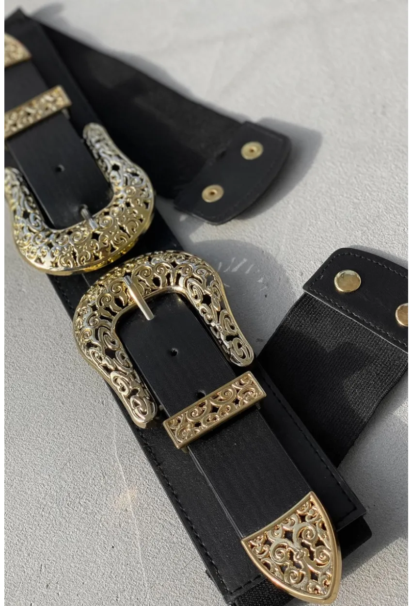 Kadın Siyah Çift Tokalı Lastikli Kemer BE617