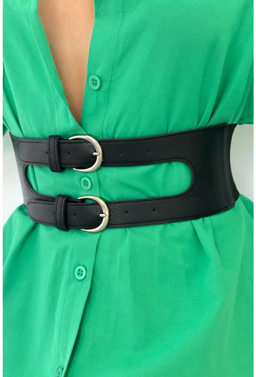 Kadın Siyah Çift Tokalı Lastikli Korse Kemer BE638