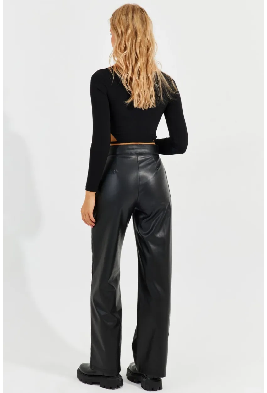 Kadın Siyah Cırtlı Deri Pantolon ELA3088