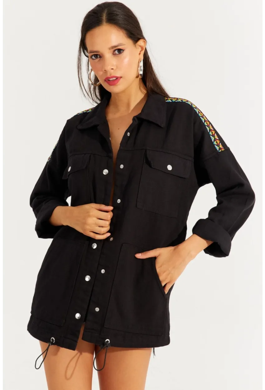 Kadın Siyah Çıtçıtlı Denim Gömlek Ceket İS2120