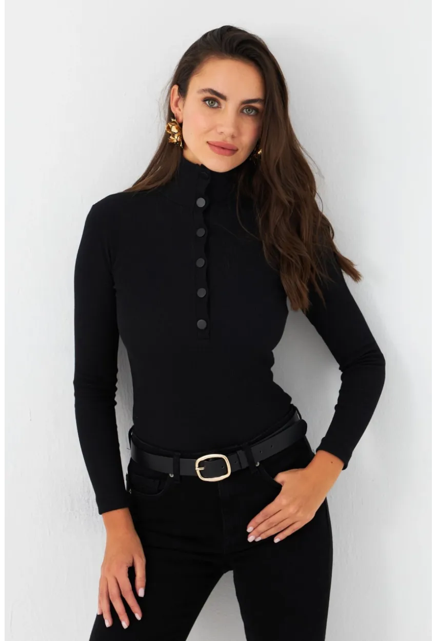 Kadın Siyah Çıtçıtlı Kaşkorse Bluz EY2983